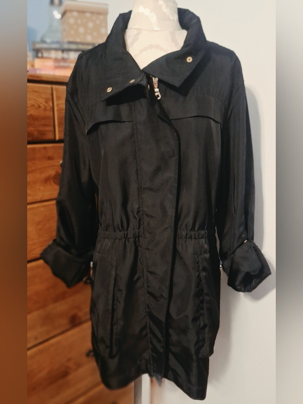 Tribal Black Lightweight Trench Coat with Cinched Waist